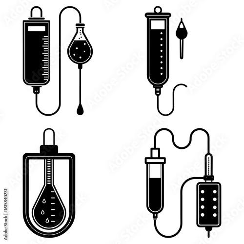 Illustration of four different intravenous fluid bags and drip systems in black and white outline style