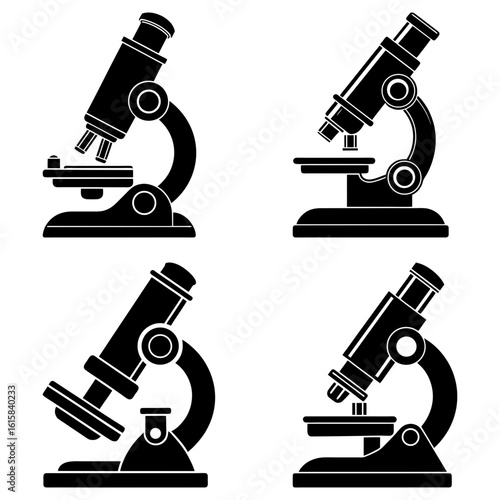 Four black and white microscope illustrations showing scientific equipment for examination and research purposes