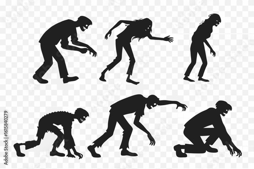 A set of spooky zombie silhouettes in various threatening poses. Isolated vector graphic collection of undead monsters for a horror apocalypse.