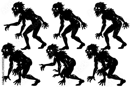 Horror character concept design featuring a set of six zombie silhouettes in various walking and crouching poses for animation.