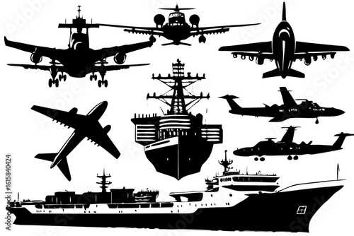 A collection of military and civilian transport silhouettes, featuring various aircraft, an aircraft carrier, and a cargo ship. Vector graphic set.