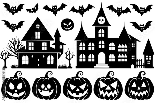 Spooky Halloween concept illustration set. Black silhouettes of haunted castles, scary jack-o'-lanterns, and flying bats for holiday design.