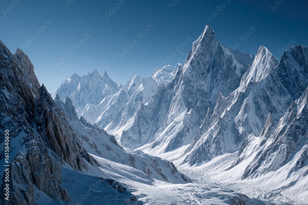 Fototapeta premium Snow-covered mountain range with sharp peaks and deep valleys under a clear blue sky, showcasing glacial landscapes