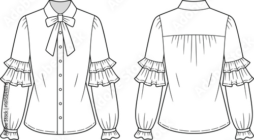 Blouse technical drawing, bow tie collar, ruffle sleeve detail, front button design, back yoke gathers, garment sketch for fashion illustration