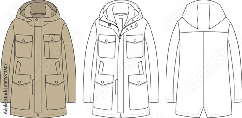 Beige hooded jacket front and back view, zipper closure, flap pockets, fashion outerwear, design illustration, casual wear, garment details