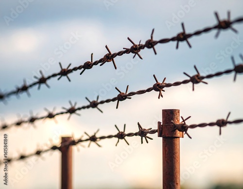 Close-up rusty barbed wire fence