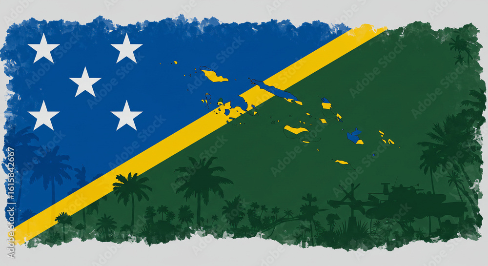 Fototapeta premium Stylized graphic integrating the Solomon Islands’ blue-green-yellow diagonal stripes with five stars into the island chain’s geographic silhouette. Jungle canopy and WWII history motifs
