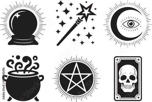 Black and White Magic Tools Clipart Bundle

