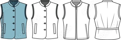 Four vest design views, button and zipper closure options, front and back display, pocket detail, belt accent, fashion illustration