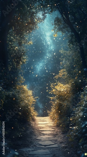 Walking Path Through Forest Under Starry Night Sky