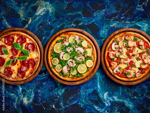 Freshly Baked Pizzas with Assorted Toppings on Wooden Plates

