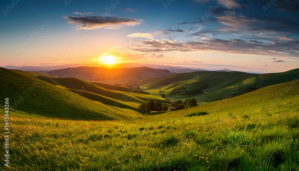 Fototapeta premium serene sunset over rolling hills and lush green grass landscape