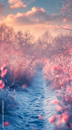 Walking Path Through Snowy Winter Field with Pink Flowers and Trees
