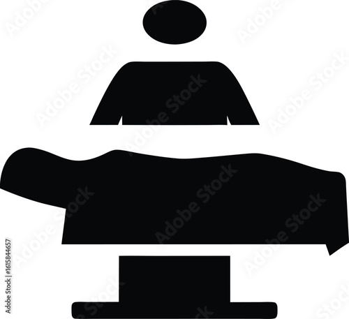 Iconic representation of a surgical operation with surgeon silhouette standing over patient on operating table in minimalist style