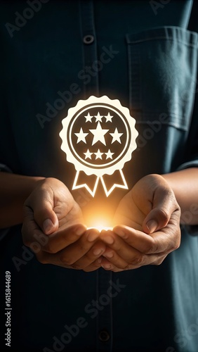 Person holding a glowing quality award badge with stars in their hands