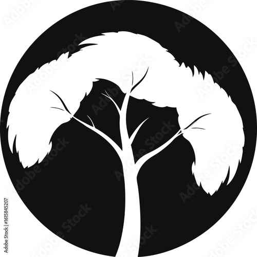 Minimalist black tree enclosed in white circle with artistic brush style Vector silhouette