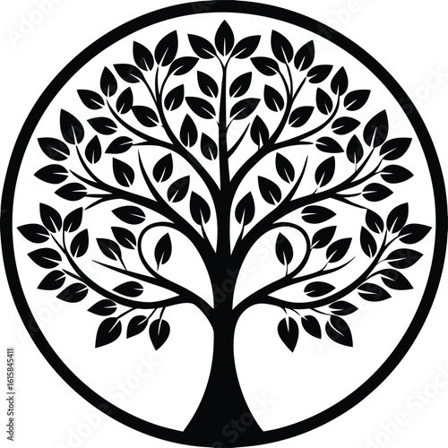 Love inspired heart tree enclosed in floral themed circular frame Vector silhouette