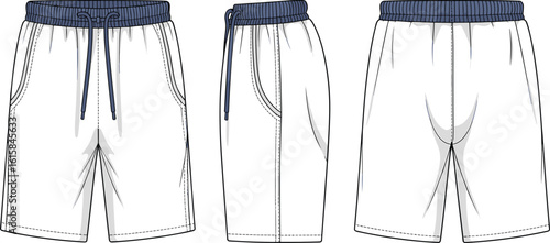 Front, side, back view of white shorts with blue drawstring waistband, fashion sketch, elastic waist, technical drawing, pockets, garment