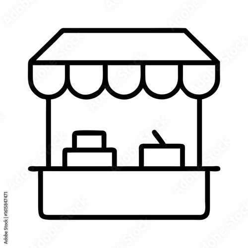 Market stand with food items in minimalist line art style  
