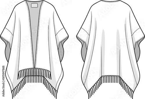 Poncho technical sketch front back view, fringe hem, open neckline, wide sleeve design, garment illustration, lightweight fabric construction details