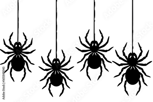 A row of four creepy black spider silhouettes hanging from silk threads. Spooky minimalist arachnid graphic for Halloween decoration or scary design elements.