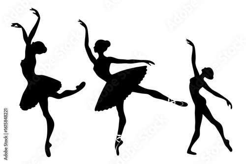 Three elegant ballerinas in silhouette form, showcasing classical ballet poses and graceful movements. A vector art collection for dance concepts.