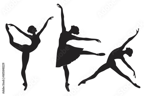 A set of three elegant black silhouettes of a ballerina in various classical dance poses. Graceful female dancer performing ballet moves vector illustration.