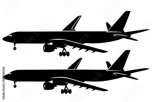 A set of two detailed commercial airplane silhouettes shown from a side profile view with landing gear deployed, symbolizing air transport and global travel.