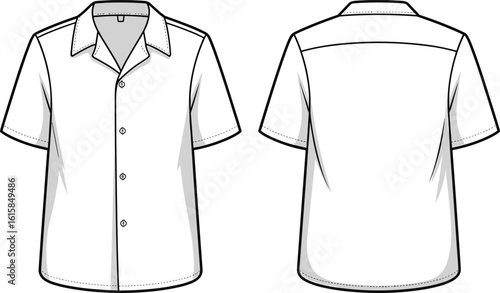 Short sleeve button-up shirt technical sketch, notch collar, three-button design, front and back view, garment construction, fashion sewing template