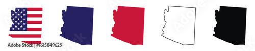 An Arizona state map vector illustration set with outline and solid fills, featuring American flag in blue, red, and black, perfect for geography education, travel guides, and patriotic design use