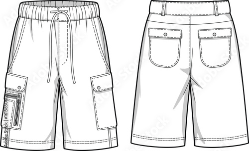 Shorts front and back view, elastic waistband, drawstring, flap pockets, zipper detail, technical design, garment illustration, fashion clothing layout