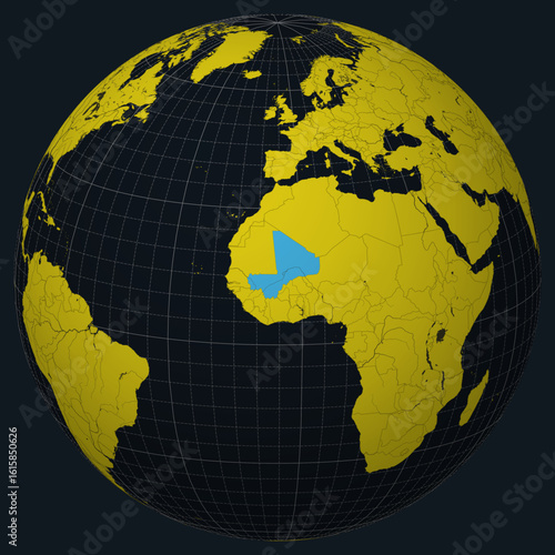 Mali on Globe. Country view on the world map in Charcoal Bright Yellow color palette. Mali shape on map. Globe with meridians, parallels, countries, rivers and lakes. Creative vector illustration.