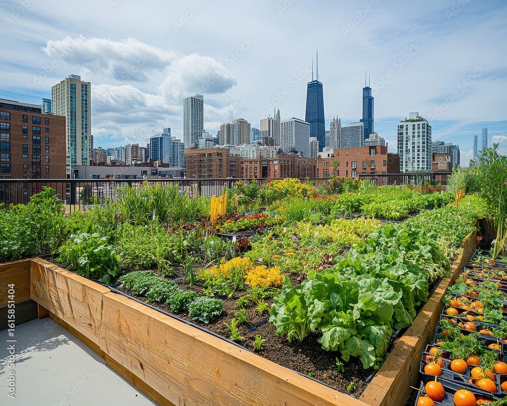 Fototapeta premium A rooftop garden with a view of the city