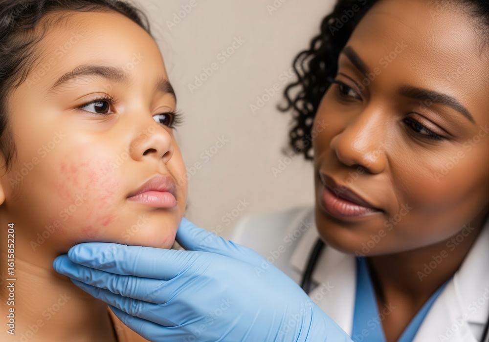 Female doctor examines child with skin condition Female doctor examines child with skin condition