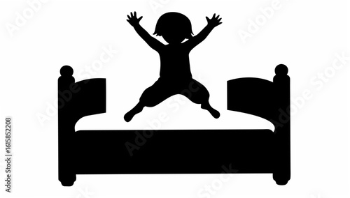 Silhouette of a child jumping on a bed with arms raised in the air with a white background image