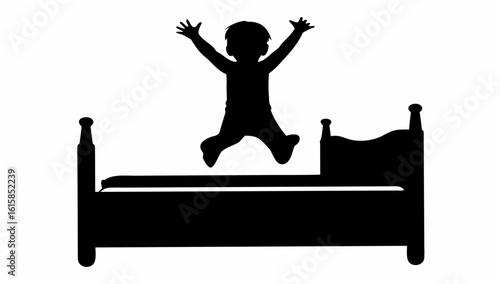 Silhouette of a child jumping on a bed with arms raised in the air against a white background scene image