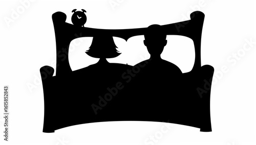Silhouette of couple in bed with alarm clock on headboard in black and white illustration style image