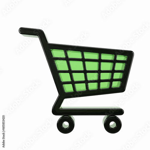 A 3D render of a green and black shopping cart icon, symbolizing e-commerce and online purchasing, isolated on a white background.