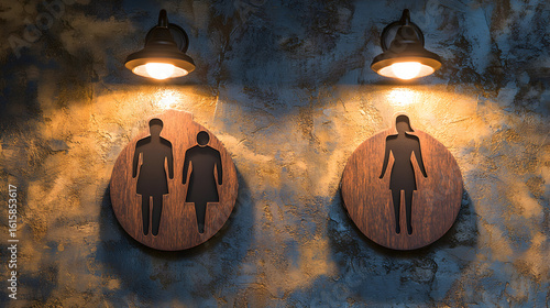 Restroom signs for men and women mounted on a textured wall with illuminated sconces above.