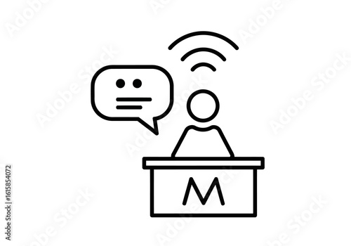 Vector art of vector illustration of a news reporter giving a speech at a press conference with a microphone and speech bubble