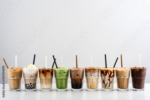 Variety of iced coffee drinks lined up against a white background