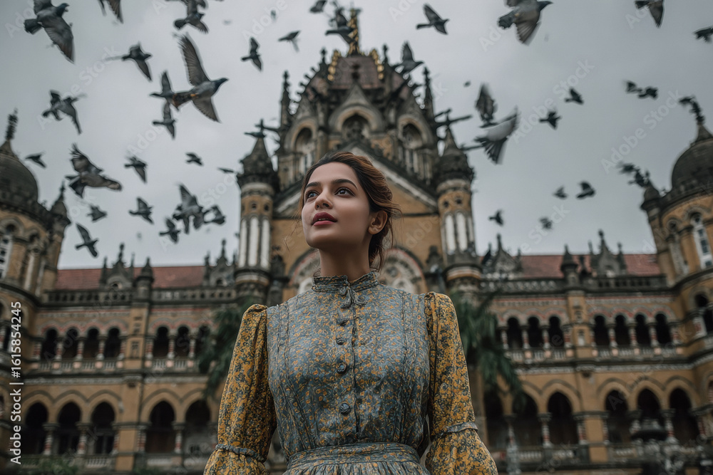 Obraz premium young indian woman stands near the CST railway station in mumbai