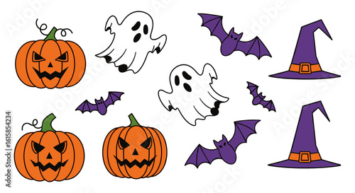 Whimsical Halloween illustration featuring carved pumpkins, friendly ghosts, flying bats, and witch hats on a white background.