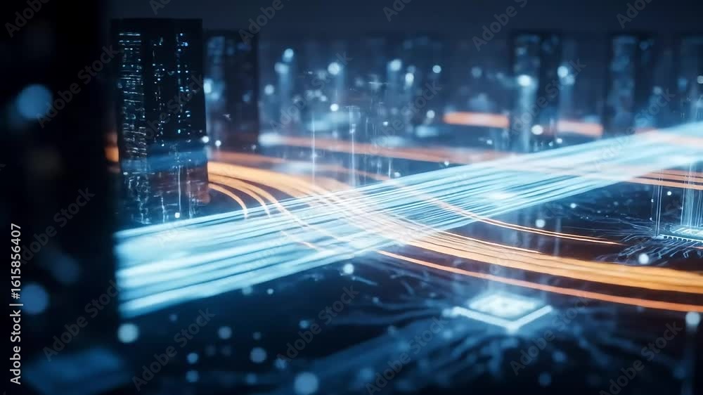 Dynamic data flows illuminate a futuristic digital city, showcasing advanced network connections and technological innovation.