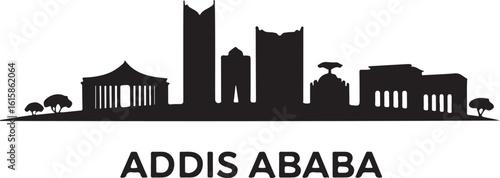 Silhouette vector of Addis Ababa, includes AU Headquarters, Meskel Square, bold African city skyline on white