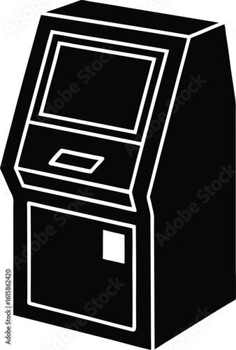 A black and white flat vector icon of an automated teller machine for banking.