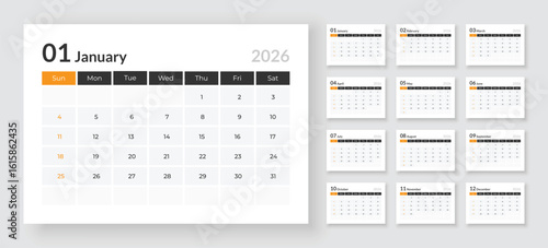2026 Calendar Planner Set, Vector layout of a wall or desk calendar with week start Sunday for print, Planner simple, wall calendar 2026 design, Stationery, printing media, vector illustration