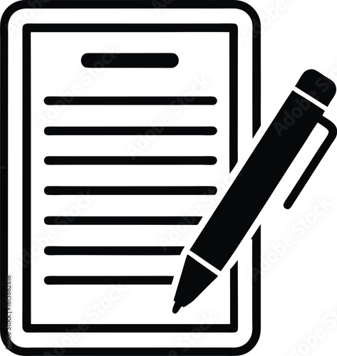 Black solid glyph icon of a paper document on a clipboard with a pen for writing.