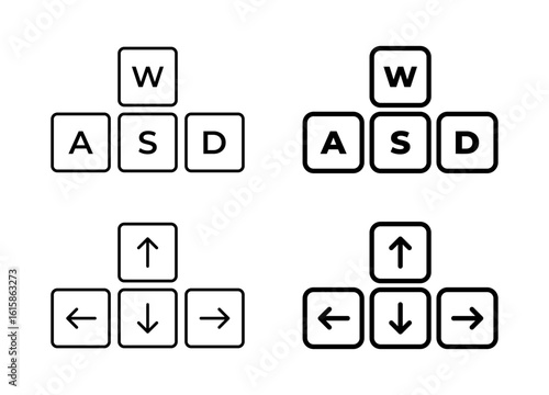 Gaming keyboard controls with WASD and arrow key layouts for movement navigation in PC games, showing simple key cluster arrangements in outlined and filled styles