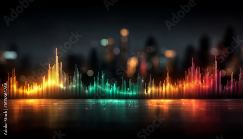 Colorful digital sound wave with glowing bars and cityscape background, vibrant neon lights create dynamic and energetic